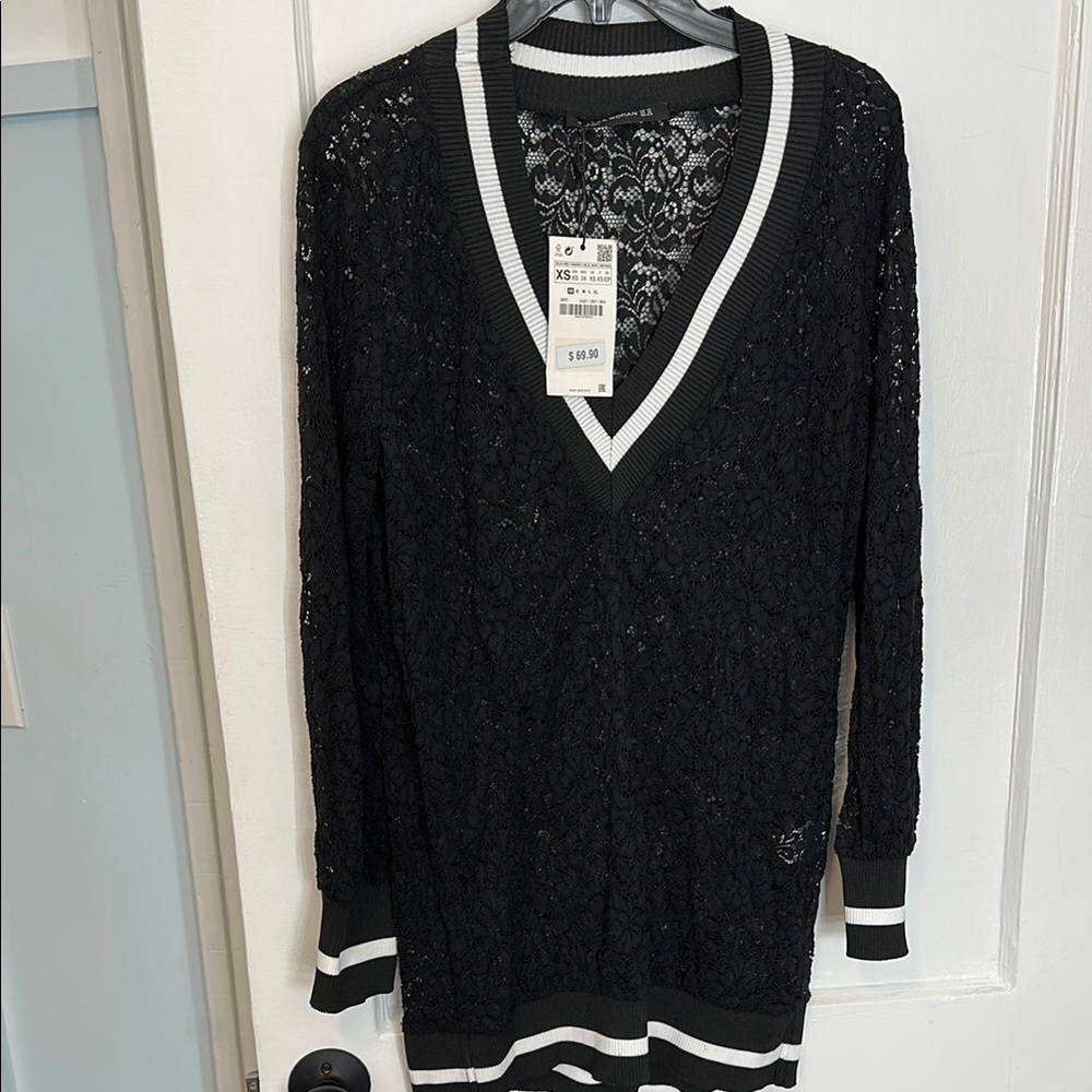 Black Lace V-Neck Sweater with Contrast Trim